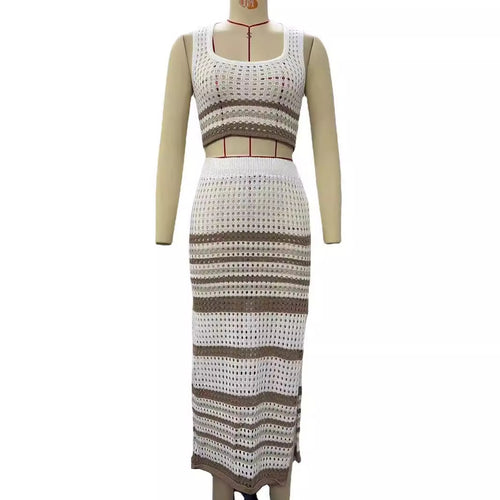 Damen elegantes gestricktes Zweiteiler-Set mit geometrischem Lochdesign EB