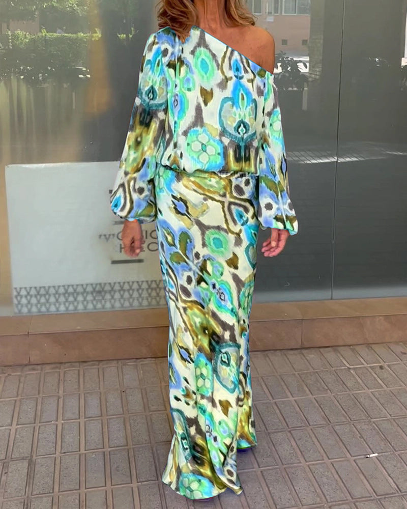 Damen Elegantes Maxikleid im grafischen Batikdesign mit Off-Shoulder-Ausschnitt und voluminösen Ärmeln EB