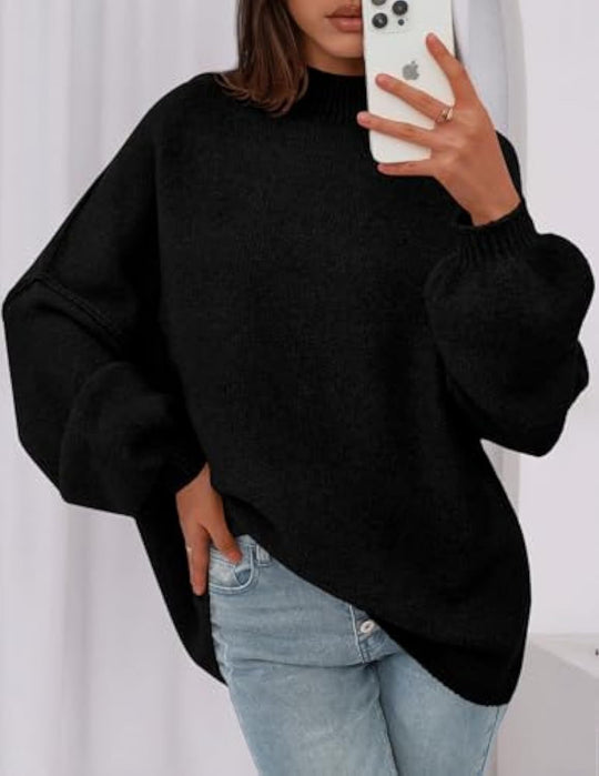 Damen Oversize-Strickpullover mit Stehkragen und Ballonärmeln EB