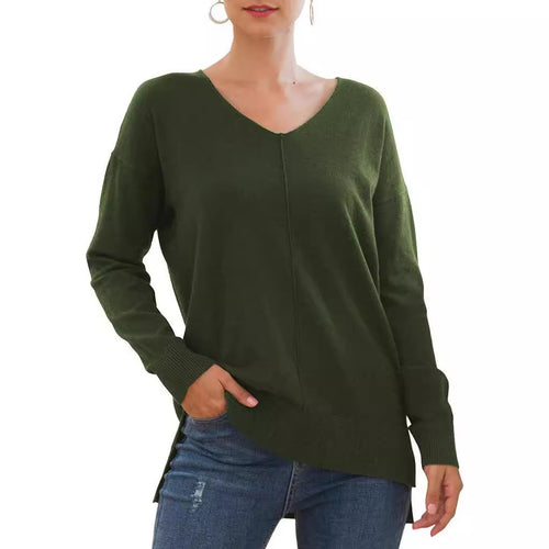 Damen eleganter V-Ausschnitt Pullover mit asymmetrischem Saum EB