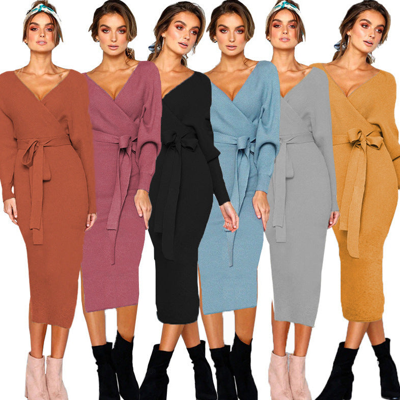 Damen Elegantes Wickelkleid mit tiefem V-Ausschnitt und Taillengürtel EB