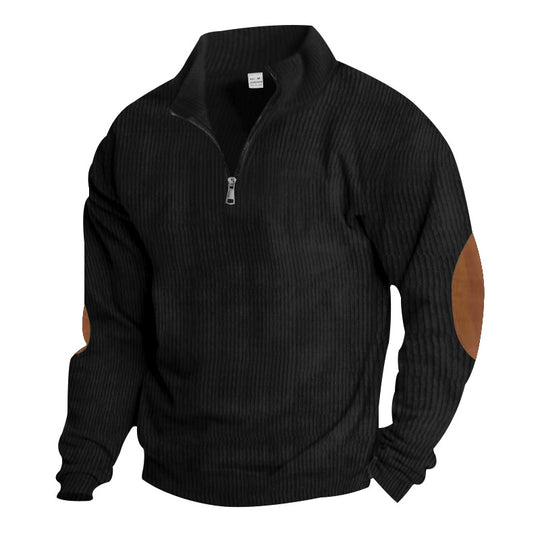 Herren nan gerippter Feinstrick-Pullover mit kurzem Reißverschluss Stehkragen und Lederoptik-Ellbogenpatches EB