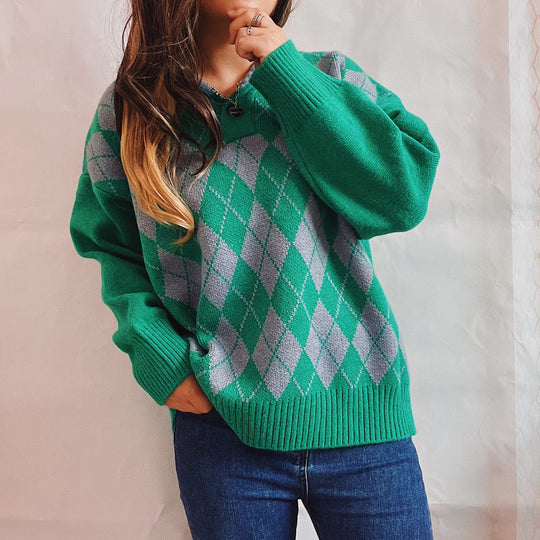 Damen Strickpullover mit klassischem Rauten-Design und modernem Schnitt EB