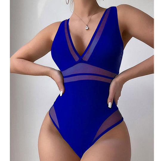 Damen Eleganter Einteiler Badeanzug mit tiefem V-Ausschnitt und transparenten Einsätzen EB