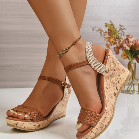 Damen Wedge-Sandaletten mit geflochtenem Riemen und Kork-Absatz EB