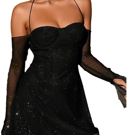 Damen Mini-Kleid mit transparenten Ärmeln und funkelnden Akzenten EB