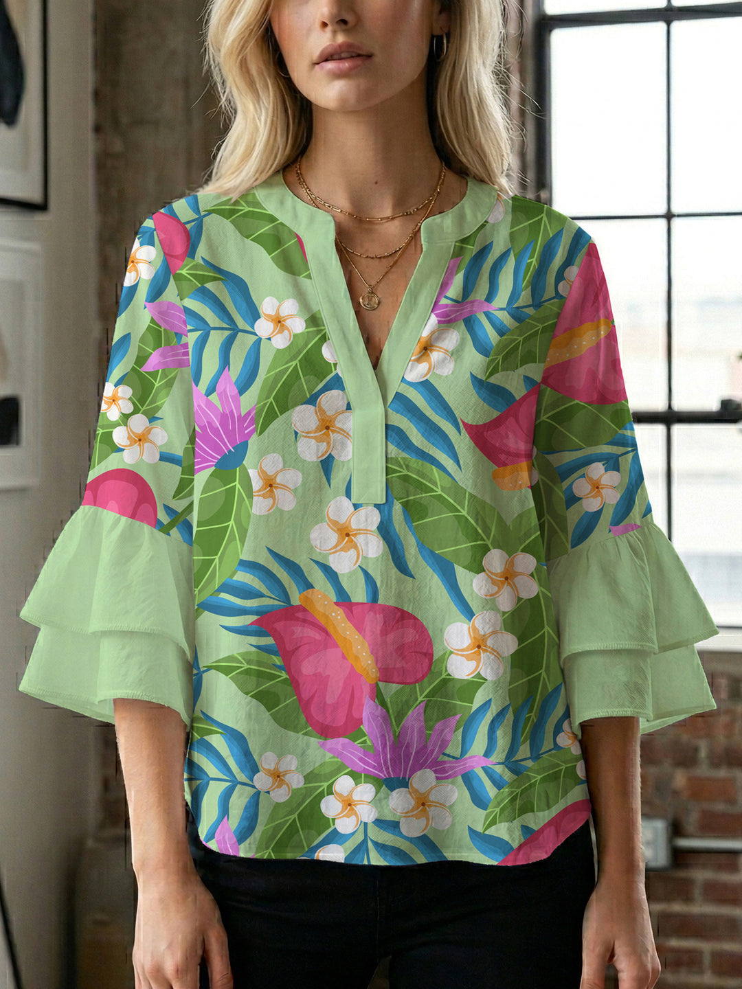 Damen elegantes Blusenshirt mit voluminösen Rüsenärmeln und grafischem Blumendesign EB