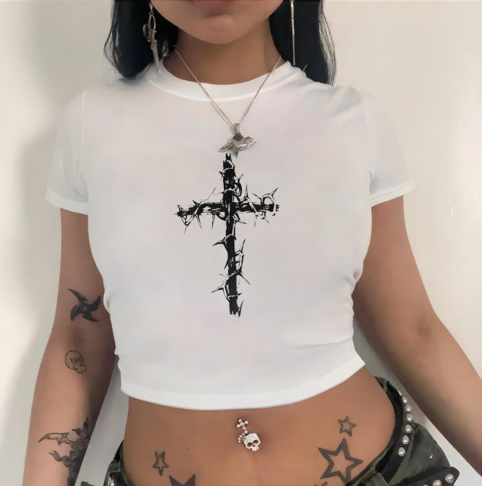 Damen Crop-T-Shirt mit animalistischem Lippenmotiv und auffälligem Schriftzug EB