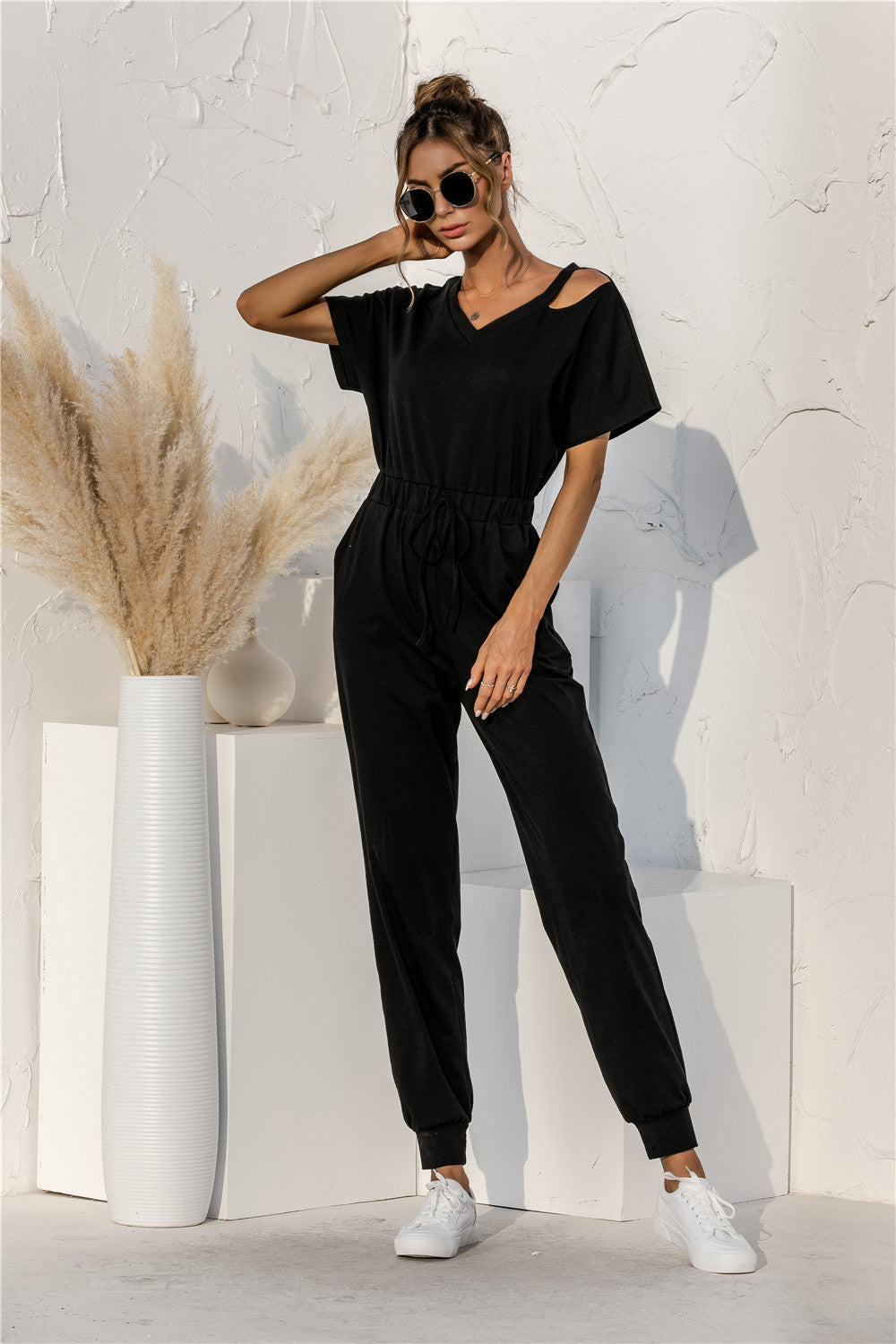 Damen Relaxed Fit Overall mit Kordelzug und Schulterfreies Design EB