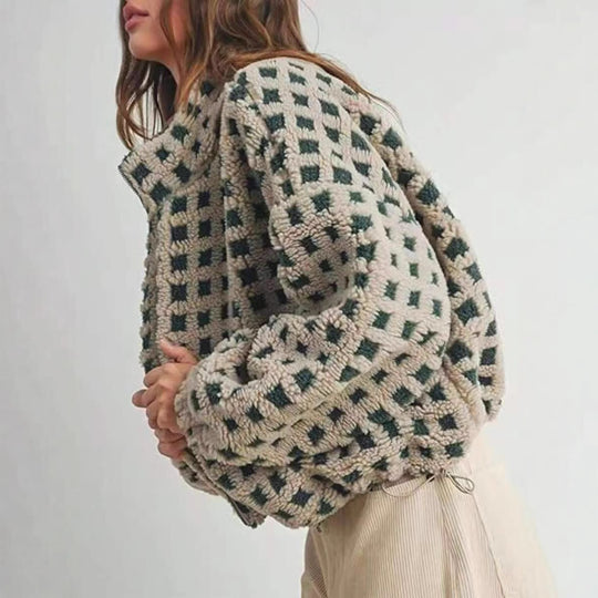 Damen kuschelige Fleecejacke im modernen Karodesign EB