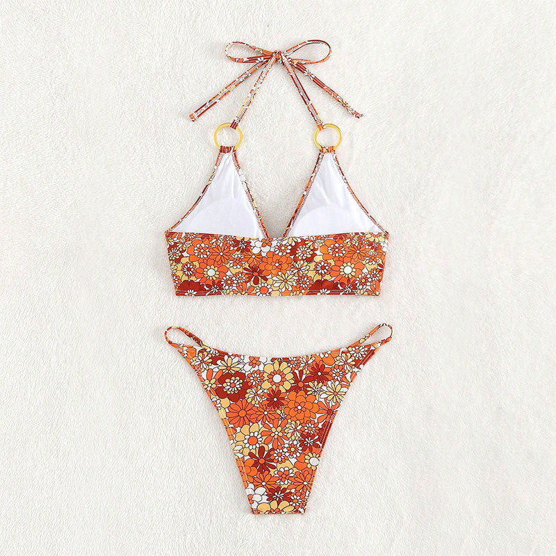 Damen Triangel-Bikini mit floralem Muster und goldenen Ringdetails EB