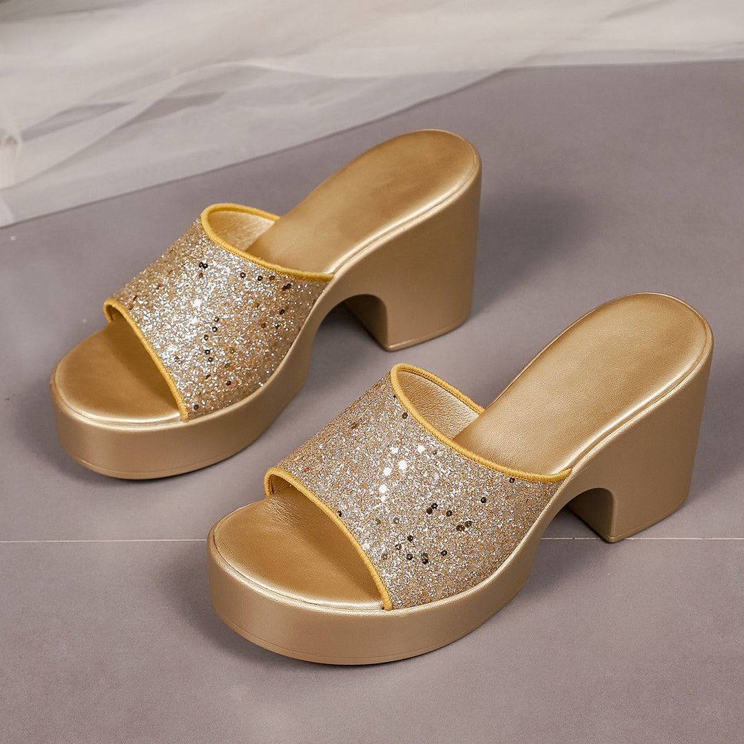 Damen Plateau-Pantoletten mit glitzerndem Obermaterial und bequemem Blockabsatz EB