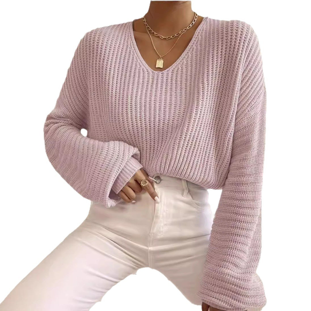 Damen V-Pullover mit weiten Ärmeln und strukturiertem Strickmuster EB