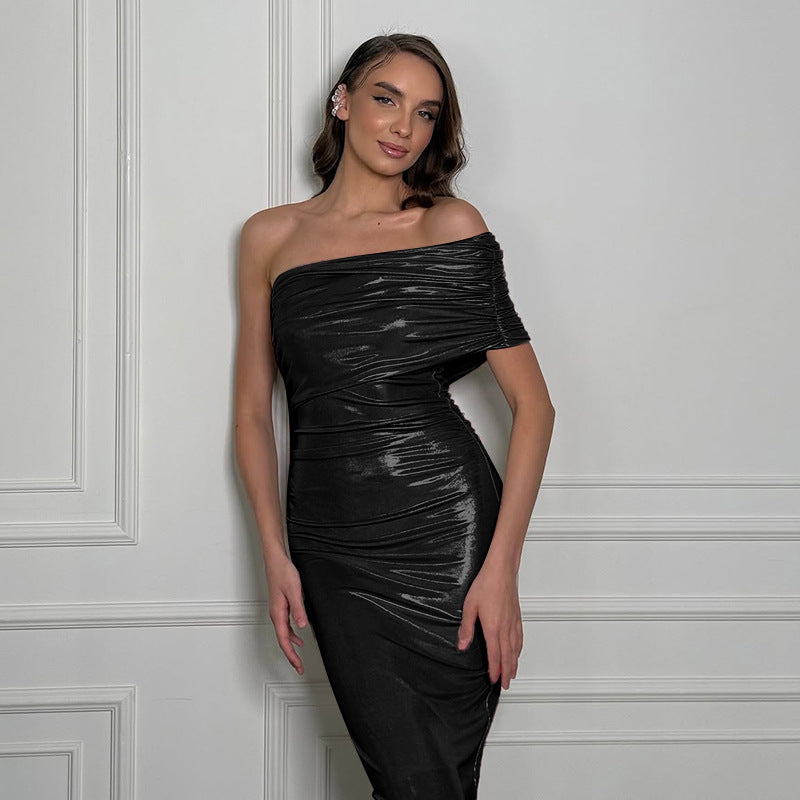 Damen schulterfreies elegantes Wickelkleid mit glänzenden Akzenten EB