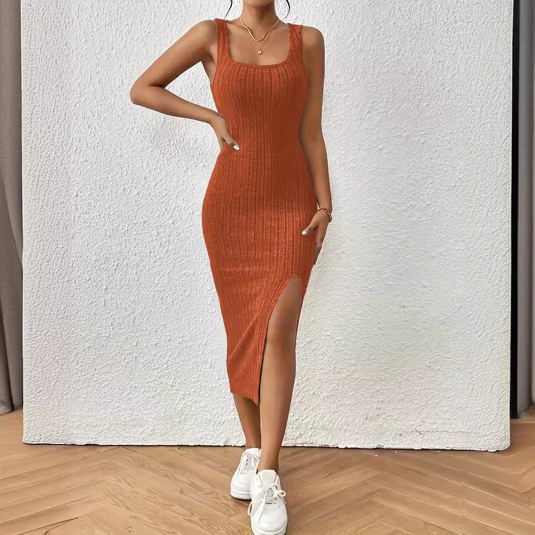 Damen figurbetontes Maxikleid mit hohem Schlitz und dekorativem Rippenmuster EB
