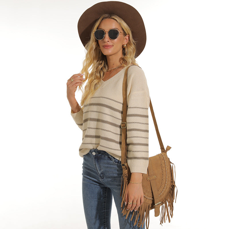 Damen lässiger Pullover mit modernem Streifenmuster und V-Ausschnitt EB