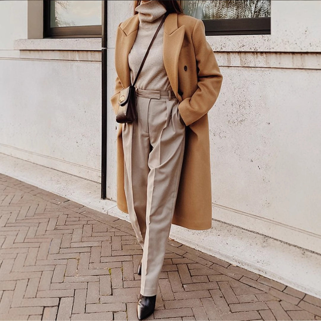 Damen Lange Wolljacke mit doppelter Knopfleiste und breitem Revers EB