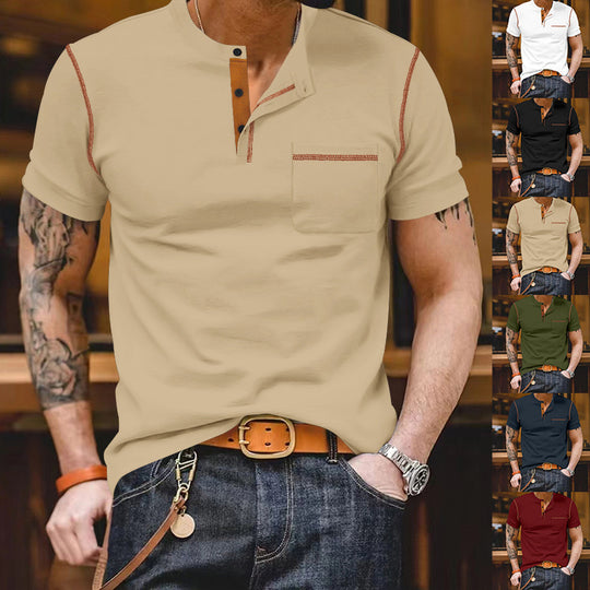 Herren nan urbanes Kurzarmshirt mit Stehkragen, halber Knopfleiste und Brusttasche EB