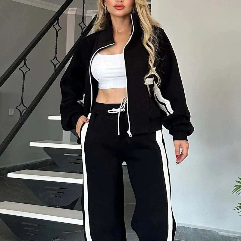 Damen nan athletisches Zweiteiler-Set aus French Terry mit Reißverschluss Cropped Jacke und weitem Highwaist Jogger EB