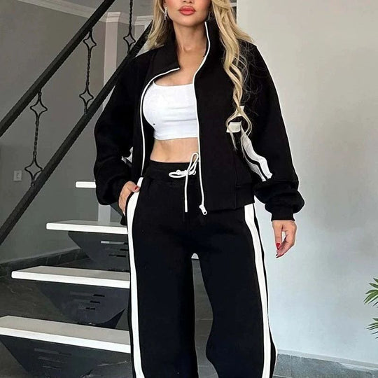Damen nan athletisches Zweiteiler-Set aus French Terry mit Reißverschluss Cropped Jacke und weitem Highwaist Jogger EB