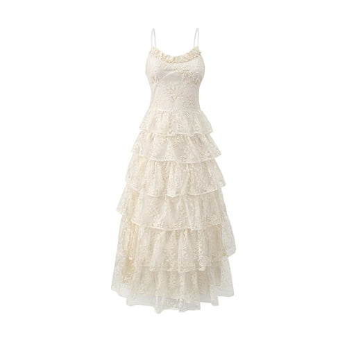 Damen romantisches Spitzenmaxikleid mit voluminösen Rüschenschichten EB