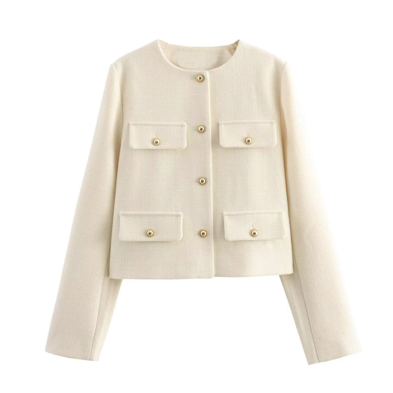 Damen Modische Kurzjacke mit dekorativen Knöpfen und praktischen Taschen EB