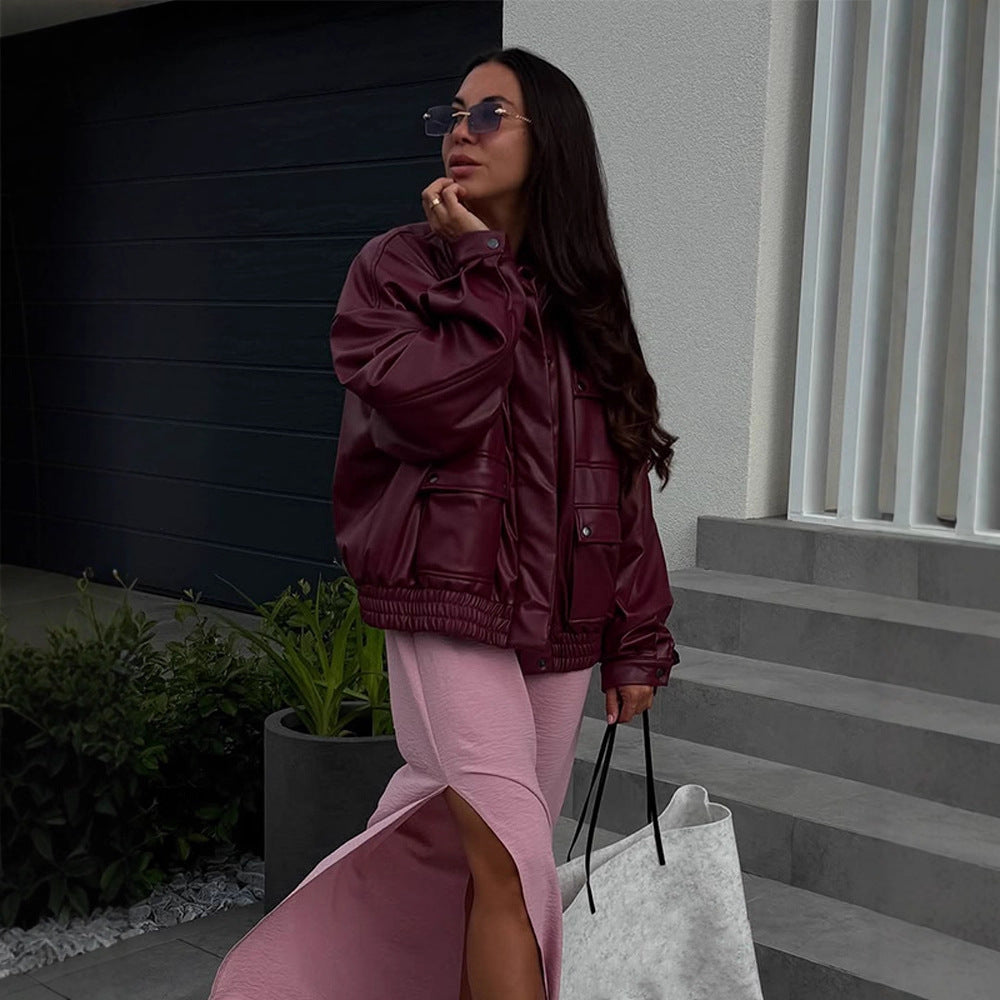 Damen oversized Kunstlederjacke mit funktionalen Taschen und elastischem Bund EB