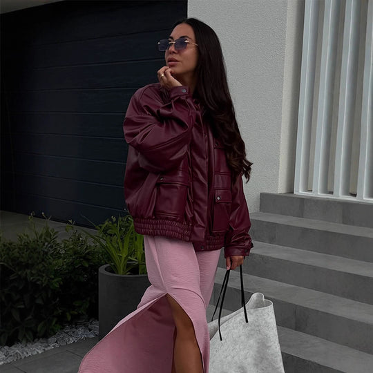 Damen oversized Kunstlederjacke mit funktionalen Taschen und elastischem Bund EB