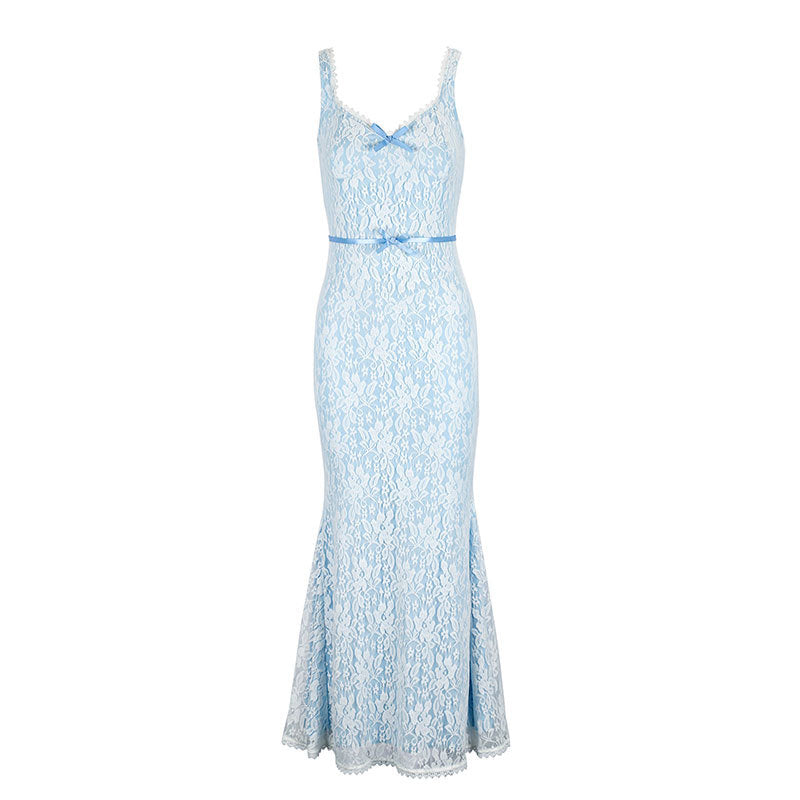Damen Elegantes Spitzen-Midikleid mit verstellbaren Trägern und Schleifen-Detail EB