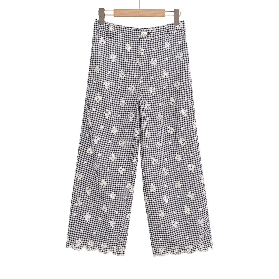 Damen weite Karottenhose mit floralem Gingham-Muster und eleganter Kantenverzierung EB