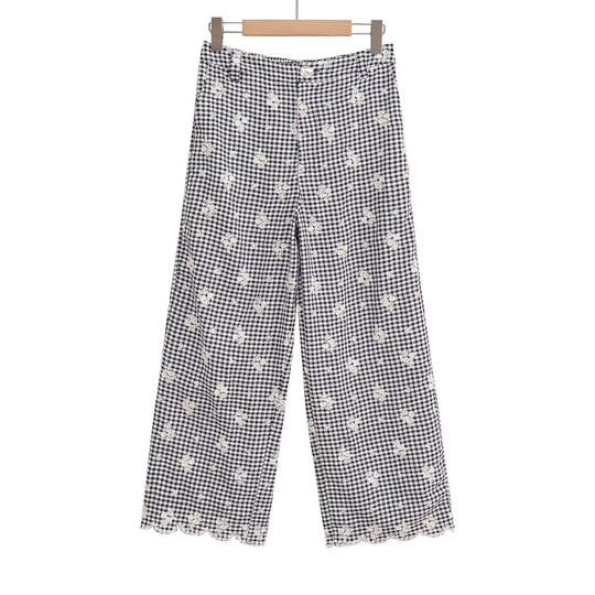 Damen weite Karottenhose mit floralem Gingham-Muster und eleganter Kantenverzierung EB