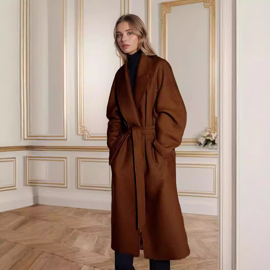 Damen eleganter langer Mantel mit breitem Revers und Gürtel EB