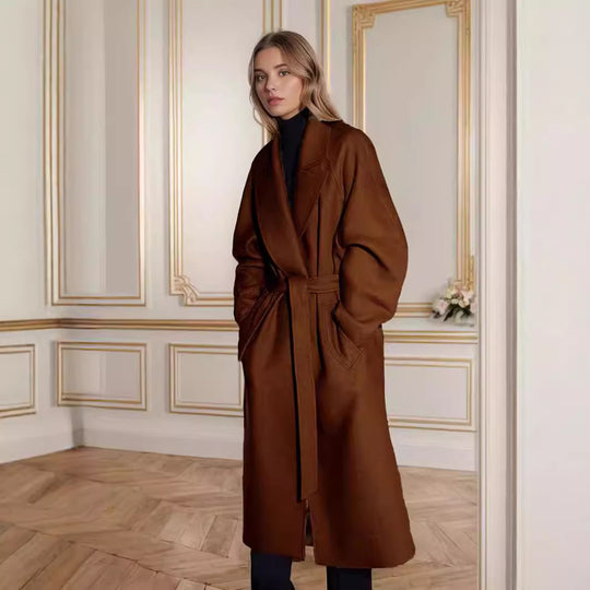 Damen eleganter langer Mantel mit breitem Revers und Gürtel EB