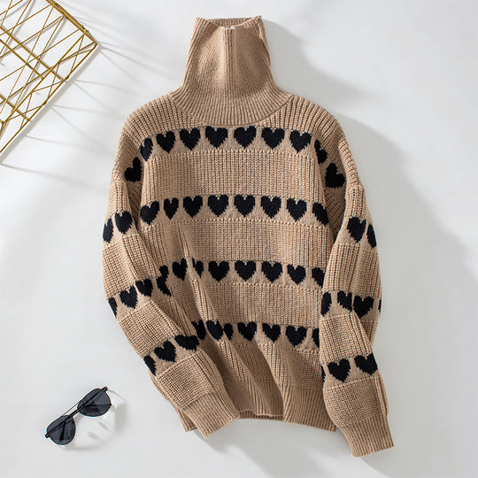 Damen Strickpullover mit Herzmuster und hohem Kragen EB