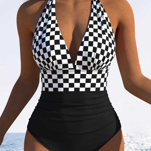 Damen Einteiliger Badeanzug mit tiefem V-Ausschnitt und bequemer Raffung EB