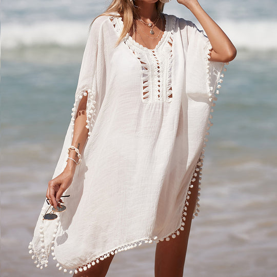 Damen luftiger Kaftan mit fransigen Akzenten und durchbrochenem Design EB