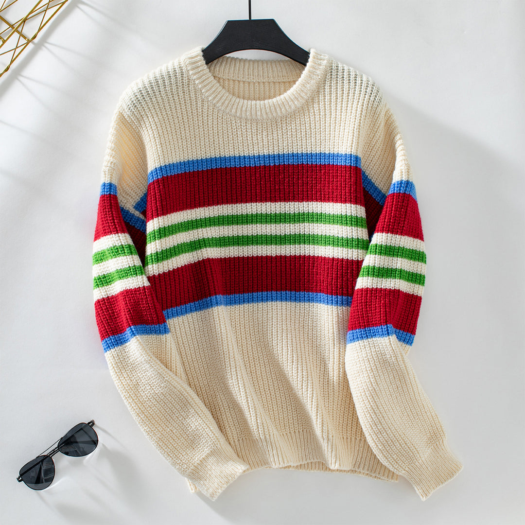 Damen lockerer Strickpullover mit buntem Blockstreifen und Rundhalsausschnitt EB