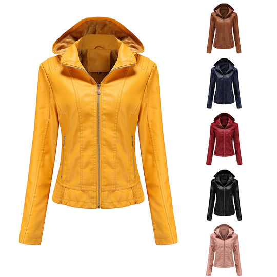 Damen stilvolle Kunstlederjacke mit hochabschließendem Kragen und elastischen Bündchen EB