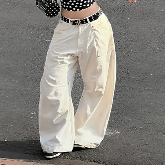 Damen nan weite Highwaist-Canvas-Hose im Carpenter‑Stil mit hohem Bund und aufgesetzten Taschen EB
