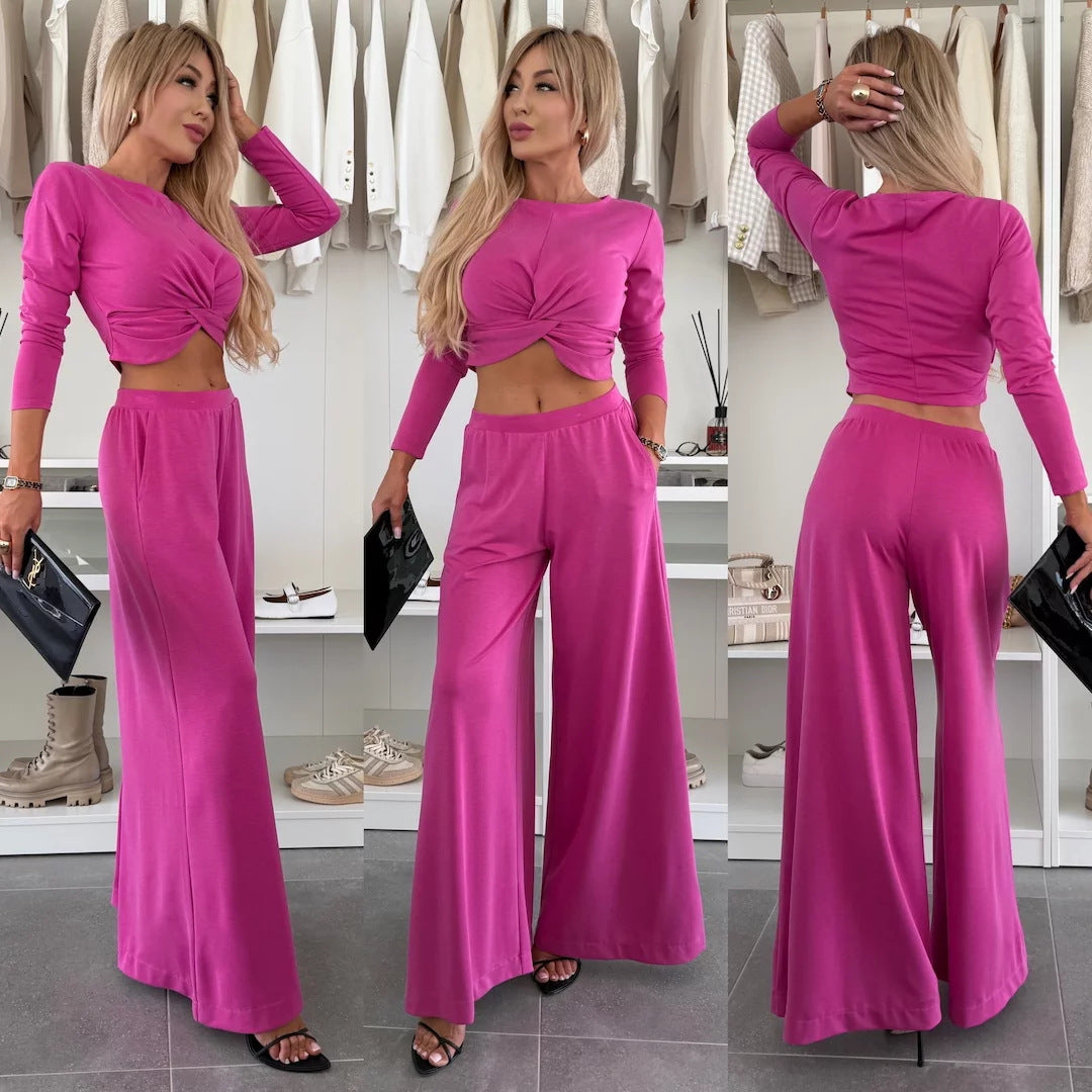 Damen figurnahes Twist-Cropped-Shirt mit weitem High-Waist Palazzo-Hose aus fließendem Jersey Eichborn Berlin