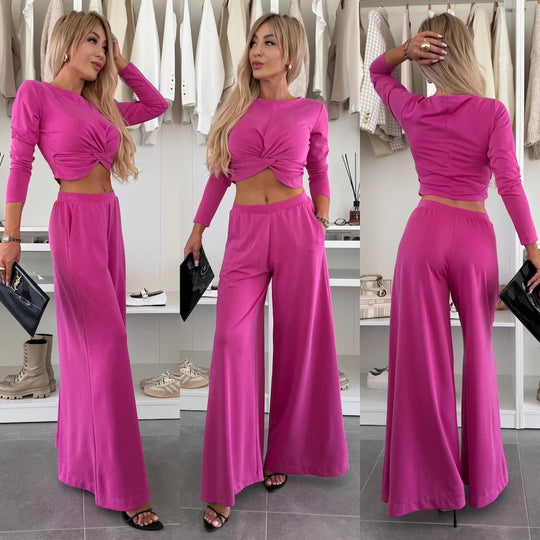 Damen figurnahes Twist-Cropped-Shirt mit weitem High-Waist Palazzo-Hose aus fließendem Jersey Eichborn Berlin