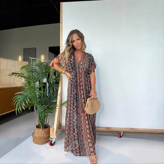 Damen elegantes Maxikleid mit modischem Print und V-Ausschnitt EB