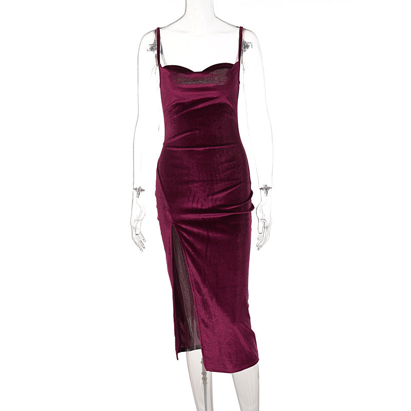 Damen Elegantes Satin-Midikleid mit Drapierung und Seitenschlitz EB