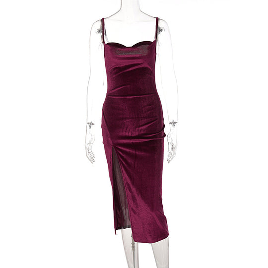 Damen Elegantes Satin-Midikleid mit Drapierung und Seitenschlitz EB