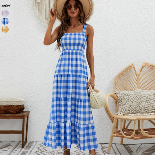 Damen Maxikleid mit Karo-Muster und elastischem Oberteil EB