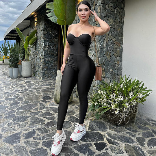 Damen Figurbetonter Jumpsuit mit Bügelfalten und trägerlosem Design EB