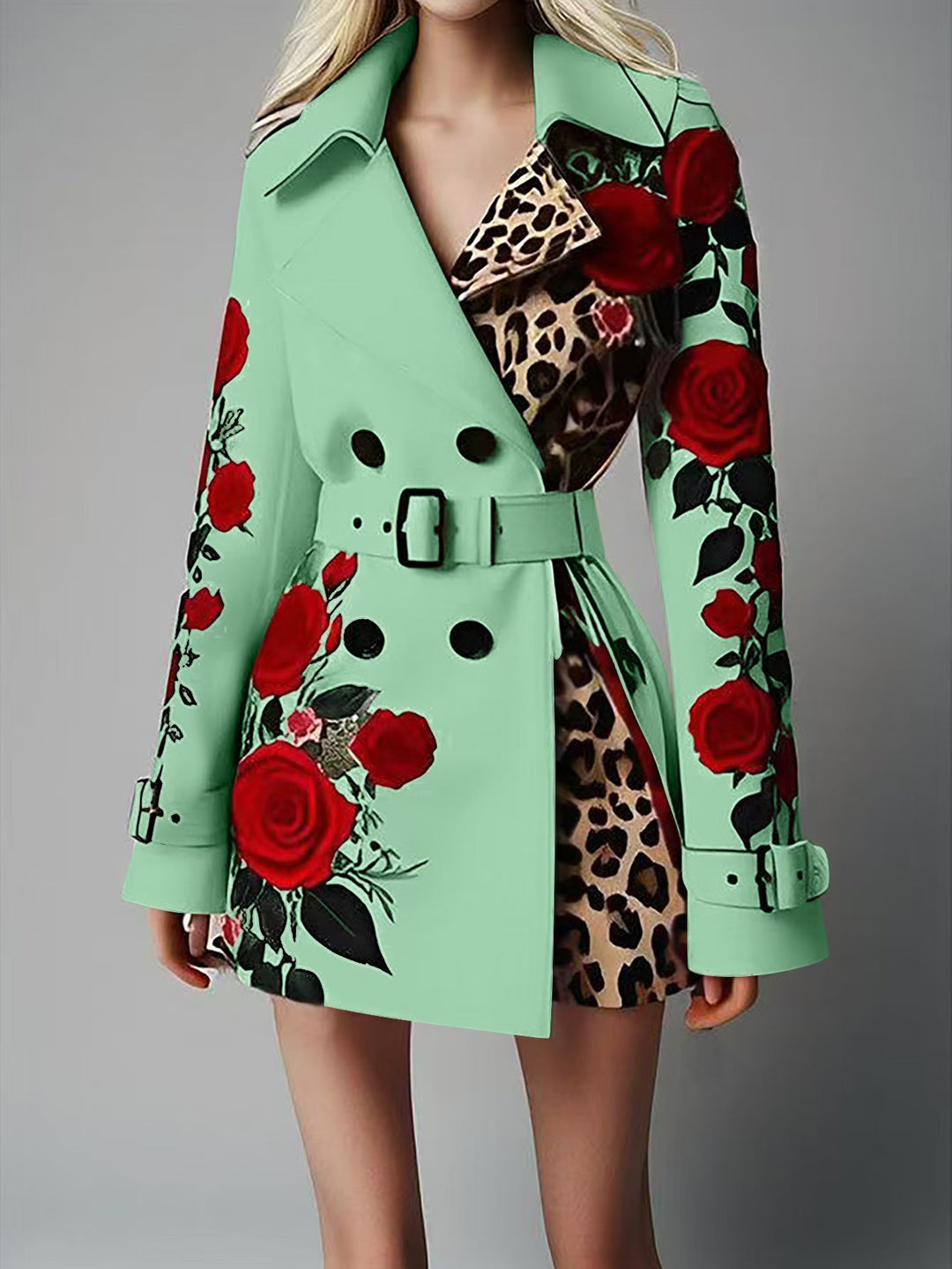 Damen Taillierter Trenchcoat mit Rosenprint und Leoparden-Innenfutter EB