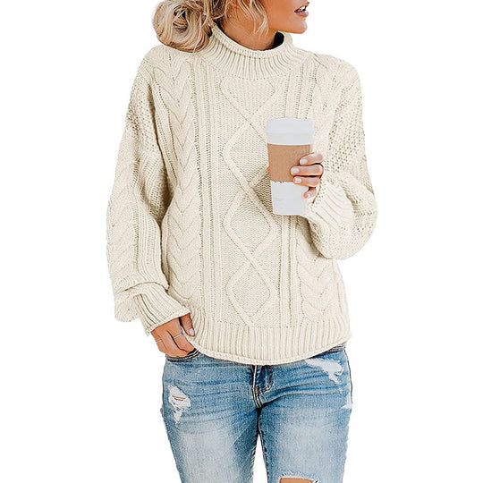 Damen Grobstrickpullover mit hohem Kragen und Zopfmuster EB