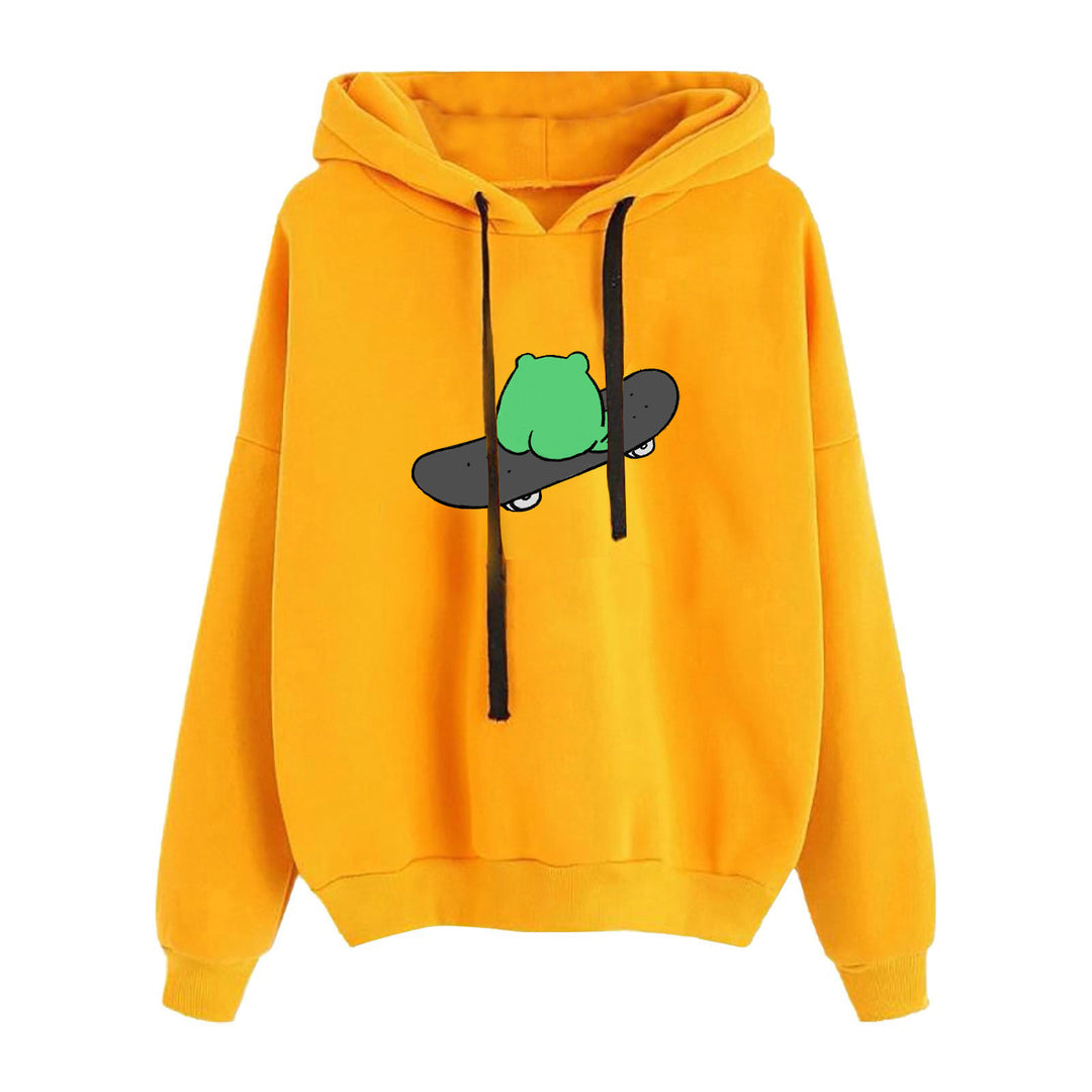 Damen nan kurz geschnittener Cropped-Kapuzenpullover mit niedlicher Frosch-Illustration und verstellbarer Kapuze EB