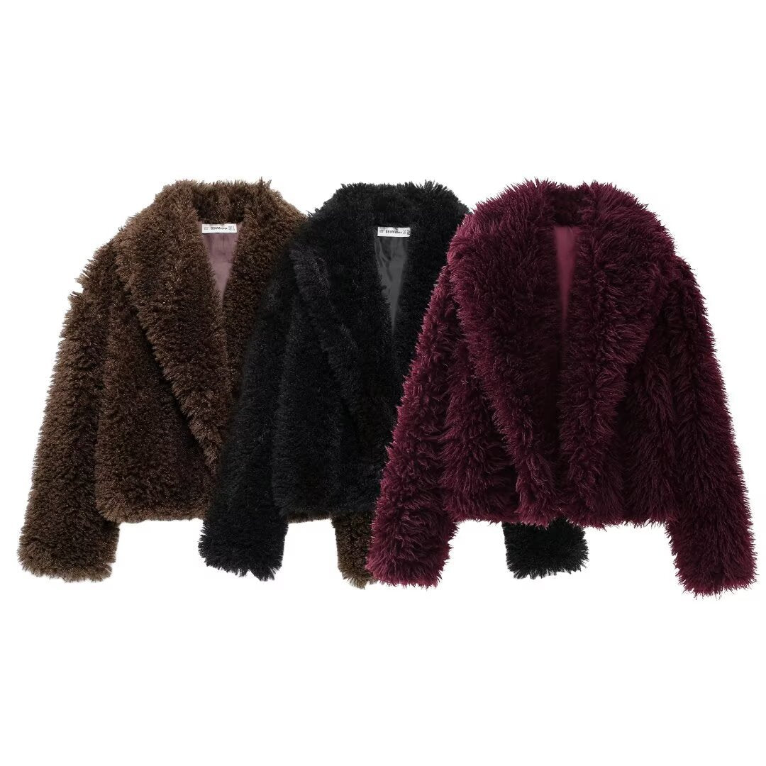 Damen nan kurze kuschelige Kunstfell-Cropped-Jacke mit großzügigem Schalkragen und offener Front EB